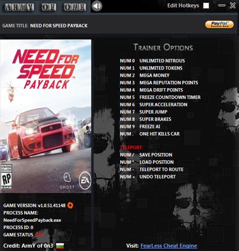 Need for Speed™ Payback +15 Trainer [Origin] - FearLess Cheat Engine