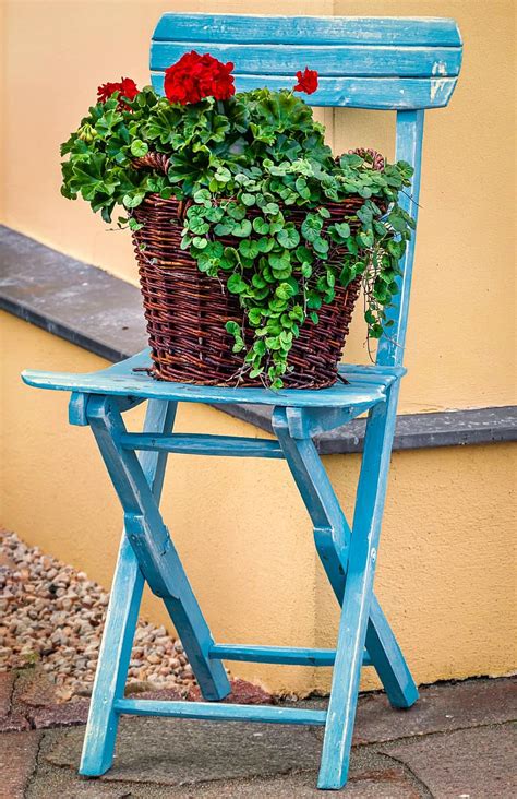 chair, flower, basket, red, green, blue, orange, brown, decoration, design, plant | Pikist