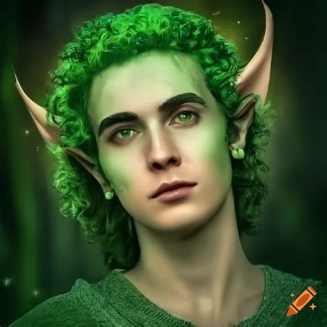 Portrait of a young man with green hair and elf ears in front of an enchanting forest