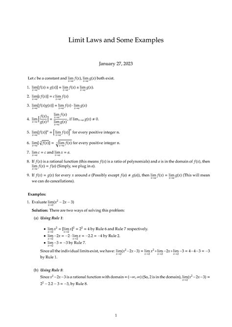 Calculus I Section 2 3 Limit Laws Examples - Limit Laws and Some Examples January 27, 2023 Let c ...