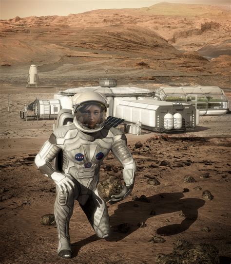 Female astronaut in front of Mars base by Bryan Versteeg | human Mars