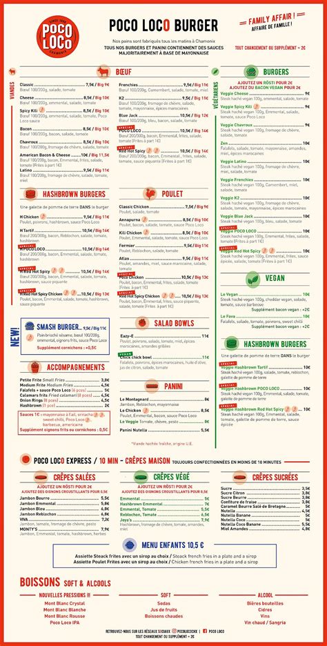 Menu at Poco Loco Burger restaurant, Chamonix