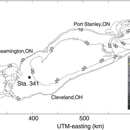 (a) Map of Lake Erie and its bathymetry. The square shows the location ...