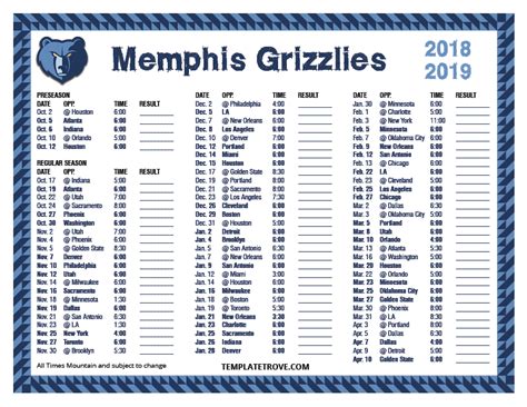 Printable 2018-2019 Memphis Grizzlies Schedule