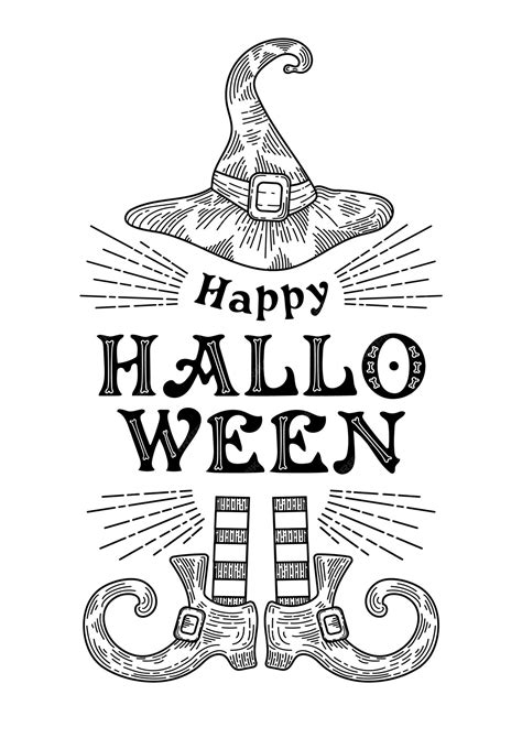 Premium Vector | Happy halloween witch hat striped stockings buckled shoes retro lettering with ...