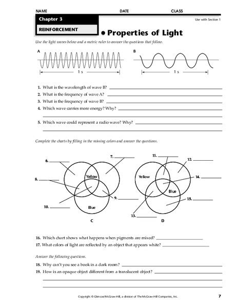 Properties of Light Worksheet for 7th - 12th Grade | Lesson Planet