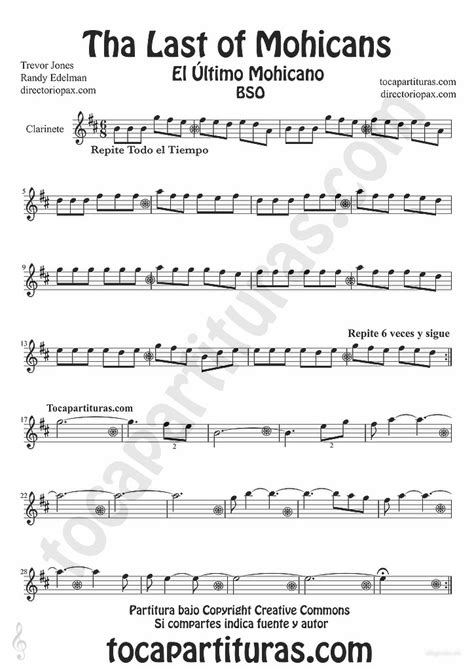 tubescore: The Last of the Mohicans sheet music for clarinet Last of ...