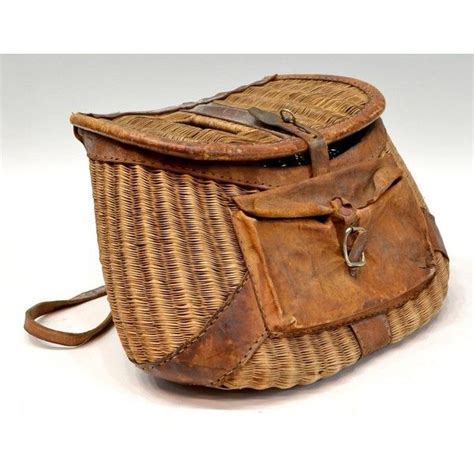 (2) ANTIQUE WICKER LEATHER FISHING BASKETS liked on Polyvore | Fishing basket, Antique wicker ...