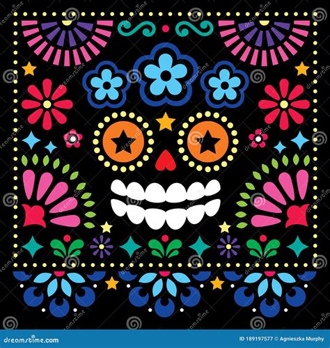 Mexican Folk Art Vector Folk Art Design with Sugar Skull and Flowers ...