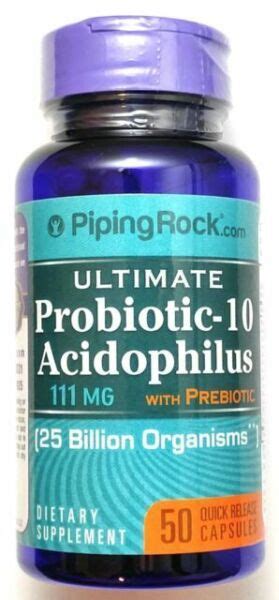 Piping Rock Ultimate Probiotic-10 Acidophilus With Prebiotics 111 MG 25 Billion Organisms 50 ...