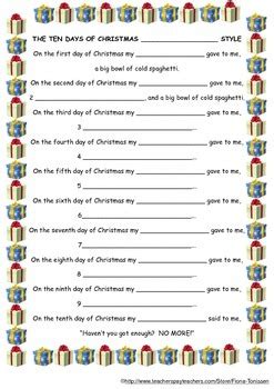 Twelve Days of Christmas Parody Template by Fiona Hudson | TPT