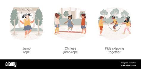 School recess outdoor activities isolated cartoon vector illustration set. Jump rope, chinese ...