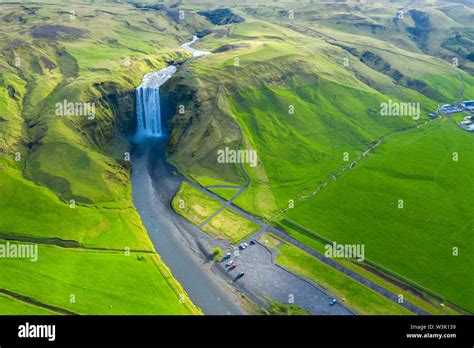 Aerial drone view of Skogafoss waterfall, Iceland Stock Photo - Alamy