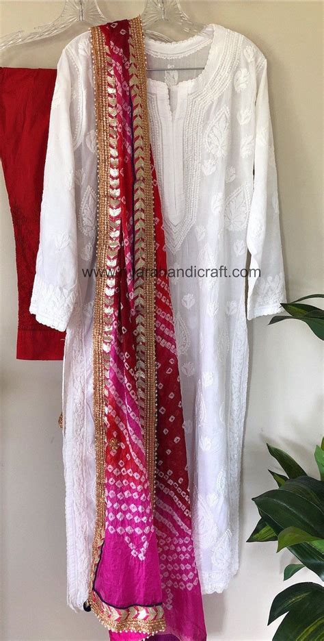 Lucknow Chikankari White Kurta Pure Cotton with cotton pants and bandhej Dupatta /FREE SHIPPING ...