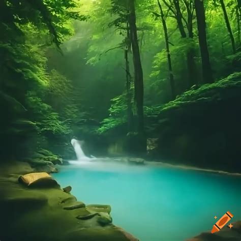 Relaxing onsen surrounded by lush forest scenery on Craiyon