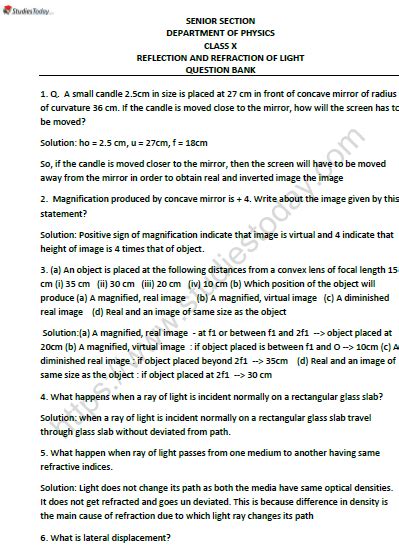 CBSE Class 10 Physics Reflection and Refraction of Light Worksheet Set A Solved