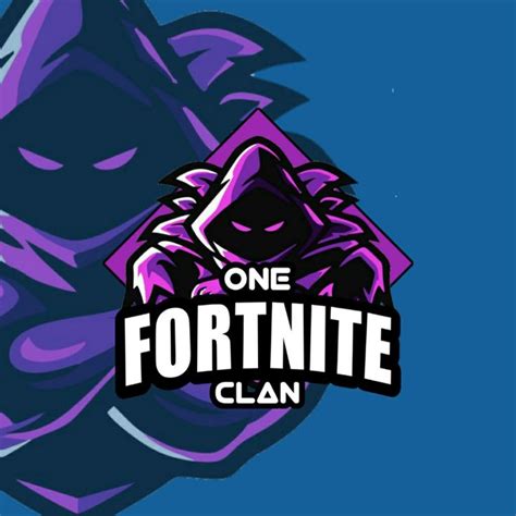 the fortnite clan logo is shown in purple and black colors on a blue background