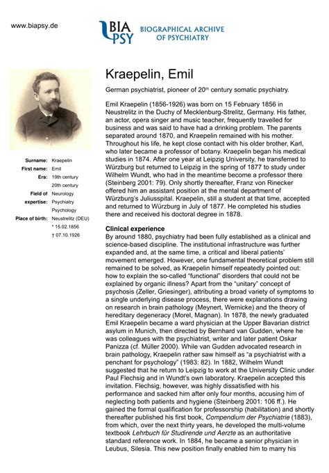 (PDF) Biographical entry - Emil Kraepelin (1856-1926)