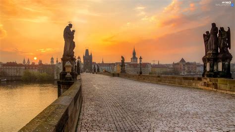 figure, Charles Bridge, Prague, Czech Republic, Sunrise, statues - Nice wallpapers: 1920x1080