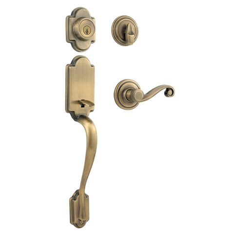 Kwikset Arlington Single Cylinder Antique Brass Handleset with Lido Lever featuring SmartKey ...