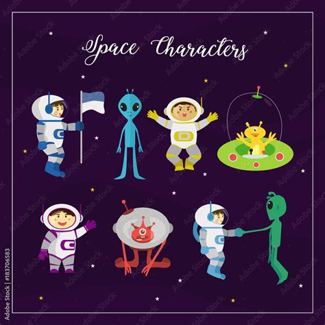 Astronaut cartoon characters in outer space suit with a alien spaceship Stock Vector | Adobe Stock