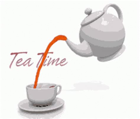 a tea pot is pouring orange liquid into a white cup with the word tea time on it