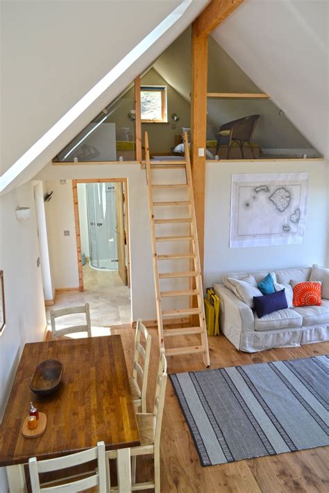 Mezzanine bedroom, accessible by fold away ladder. Bathroom & double bedroom beyond. | Mezzanine ...