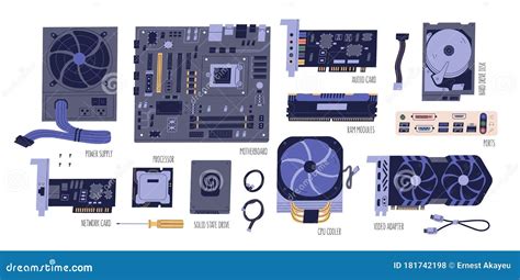 Collection Of Computer Components. Pc And Laptop Parts: Power Supply, Motherboard, Audio Card ...