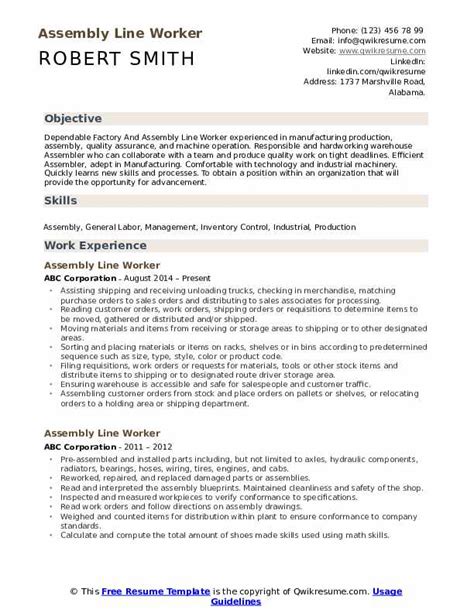 Assembly Line Worker Resume Samples | QwikResume