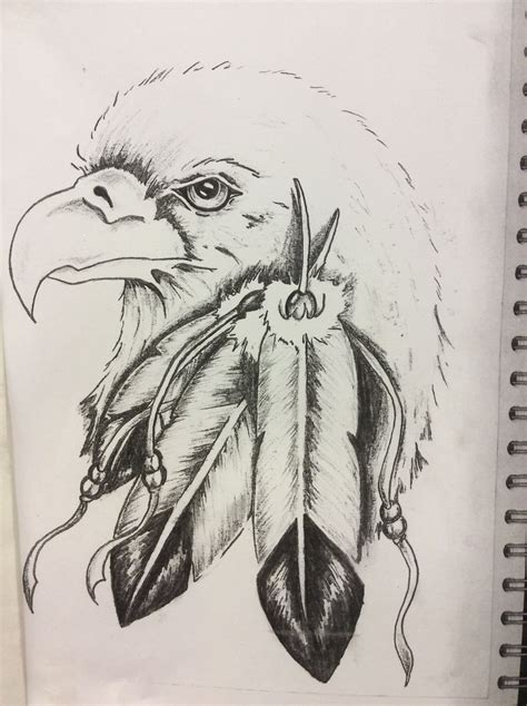 Native American style eagle with feathers and beads. Pencil drawing ...