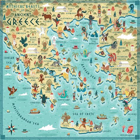 Illustrated Map, Mythical Beasts of Ancient Greece, Art Print - Etsy UK | Mythological creatures ...