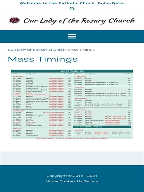 Mass Timings - Our Lady of Rosary Church | PDF