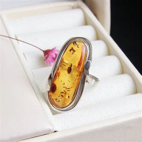 JIUDUO Fashion Amber Rings for Women Handmade 925 Sterling Silver ...