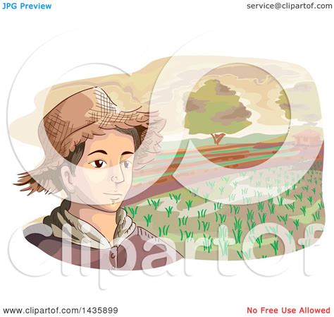 Clipart of a Sketched Male Farmer Wearing a Straw Hat Against a Rice Field - Royalty Free Vector ...