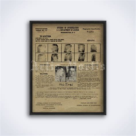 Alvin Creepy Karpis FBI Wanted Poster With Fingerprints Barker Gang, Gangster, Crime Print ...