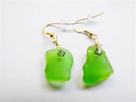 Green Sea Glass Earrings Gold Seaglass Earrings Genuine Sea