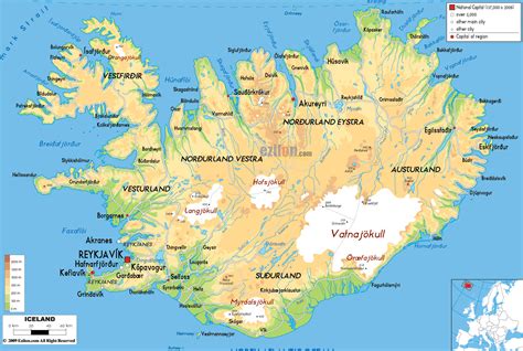 Large physical map of Iceland with roads, cities and airports | Iceland | Europe | Mapsland ...