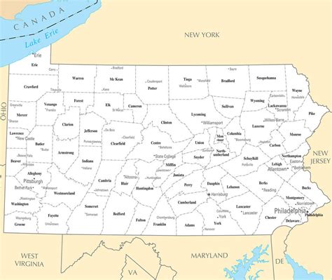 Map of Pennsylvania PA - County Map with selected Cities and Towns ...