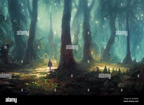 Misty magical forest concept art with fireflies, dark with a mysterious ...