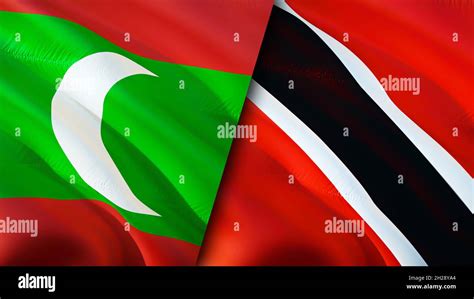 Maldives and Trinidad and Tobago flags. 3D Waving flag design. Maldives ...