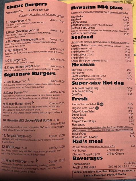 Menu at Max Burger restaurant, Anchorage