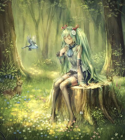 HD wallpaper: forest, Hatsune Miku, birds, trees, Vocaloid, twintails ...