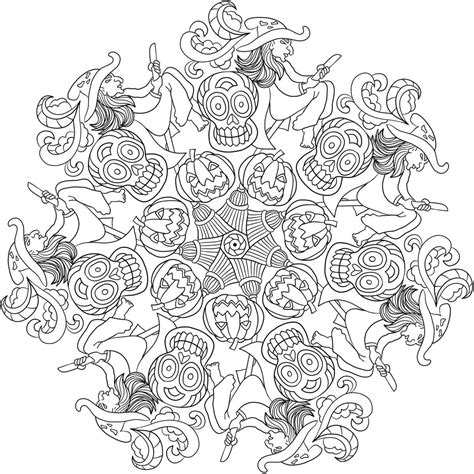 Witchs and Pumpkins with Skulls In Halloween Mandala coloring page - Download, Print or Color ...