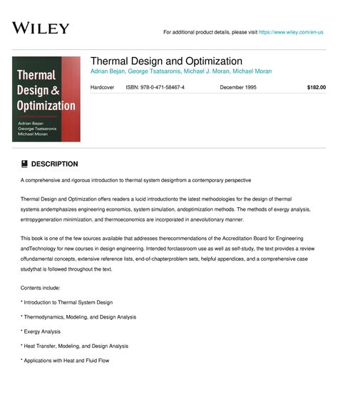 Thermal design and optimization - For additional product details, please visit wiley/en-us ...