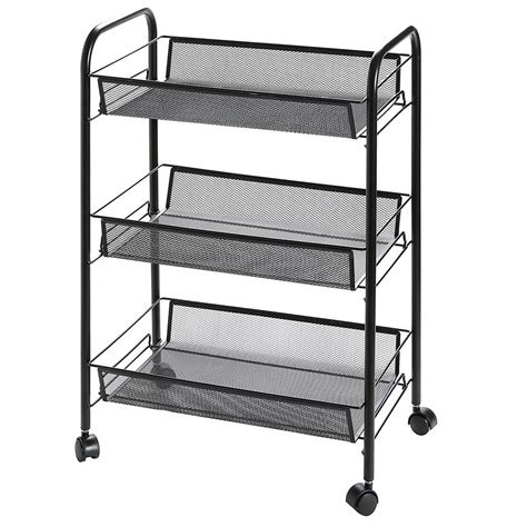 Utility Cart, 3-Tier Rolling Cart Steel Wire Basket Kitchen Storage Trolley with Hook Black ...