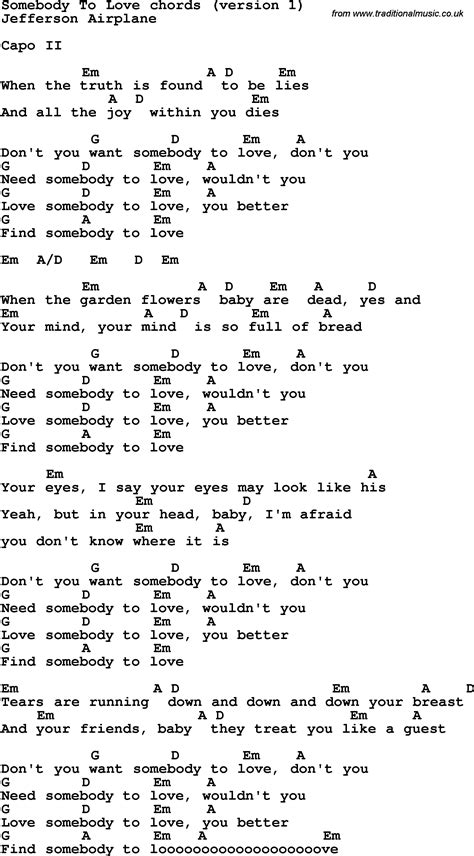 Song lyrics with guitar chords for Somebody To Loved