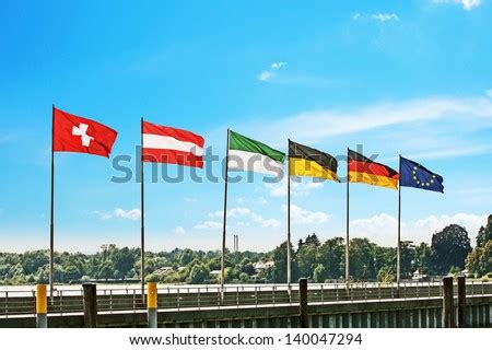 Flags Of Germany, Switzerland, Austria And Europe In A Row At A Pier At Lake Constance Stock ...