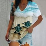 HONHUZH Womens Shirts,Ladies Clearance,Women Summer Tops Sea Turtle Printed Short Sleeve V-Neck ...