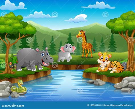 Animals Cartoon are Enjoying Nature by the River Stock Vector - Illustration of meadow, outdoor ...