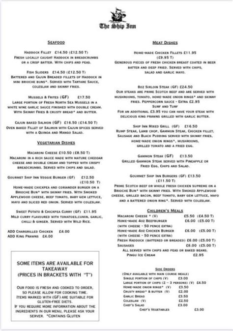 Menu at The Ship Inn, Stonehaven pub & bar, Stonehaven